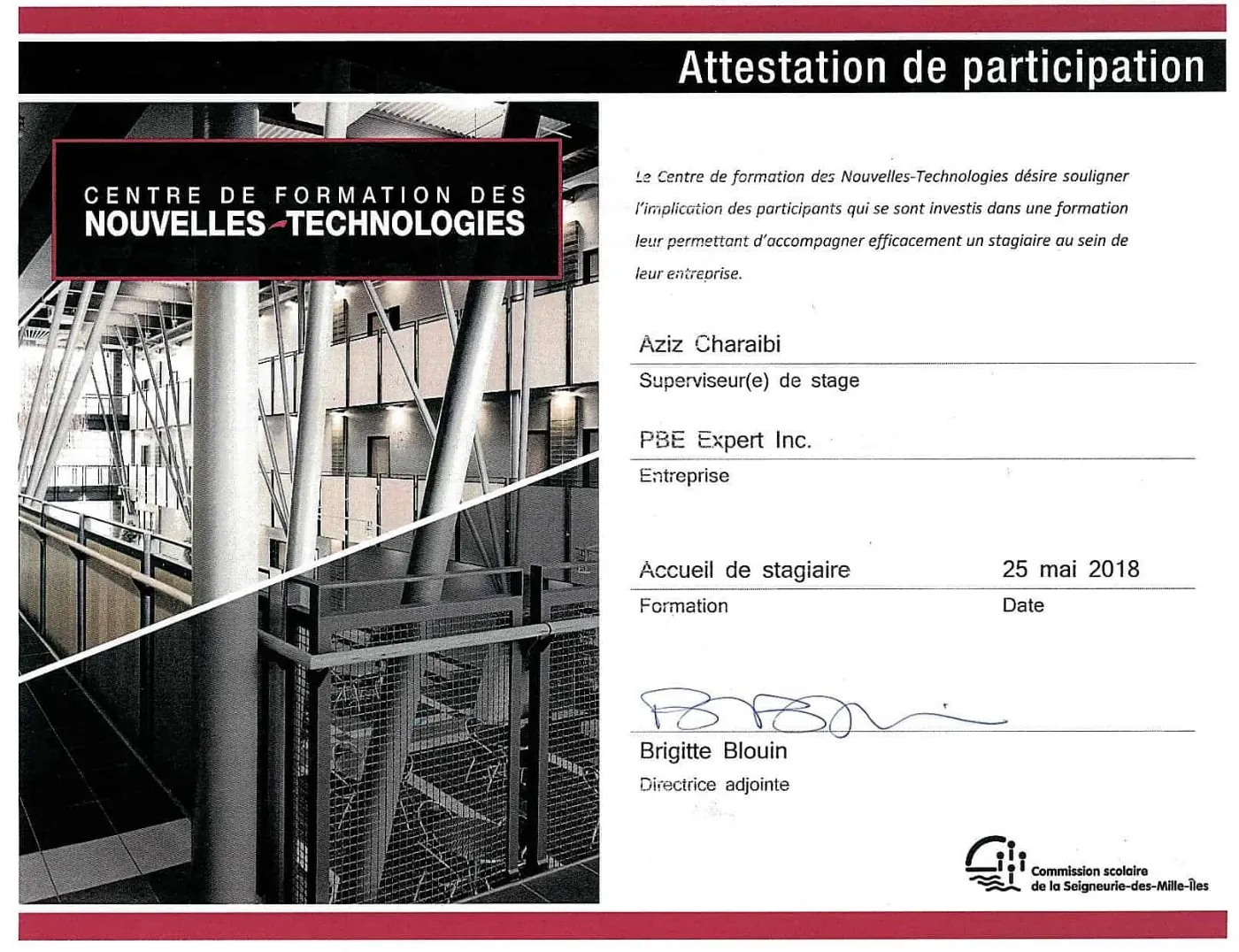 Certificate of attendance from the Centre de formation des nouvelles technologies, May 25, 2018