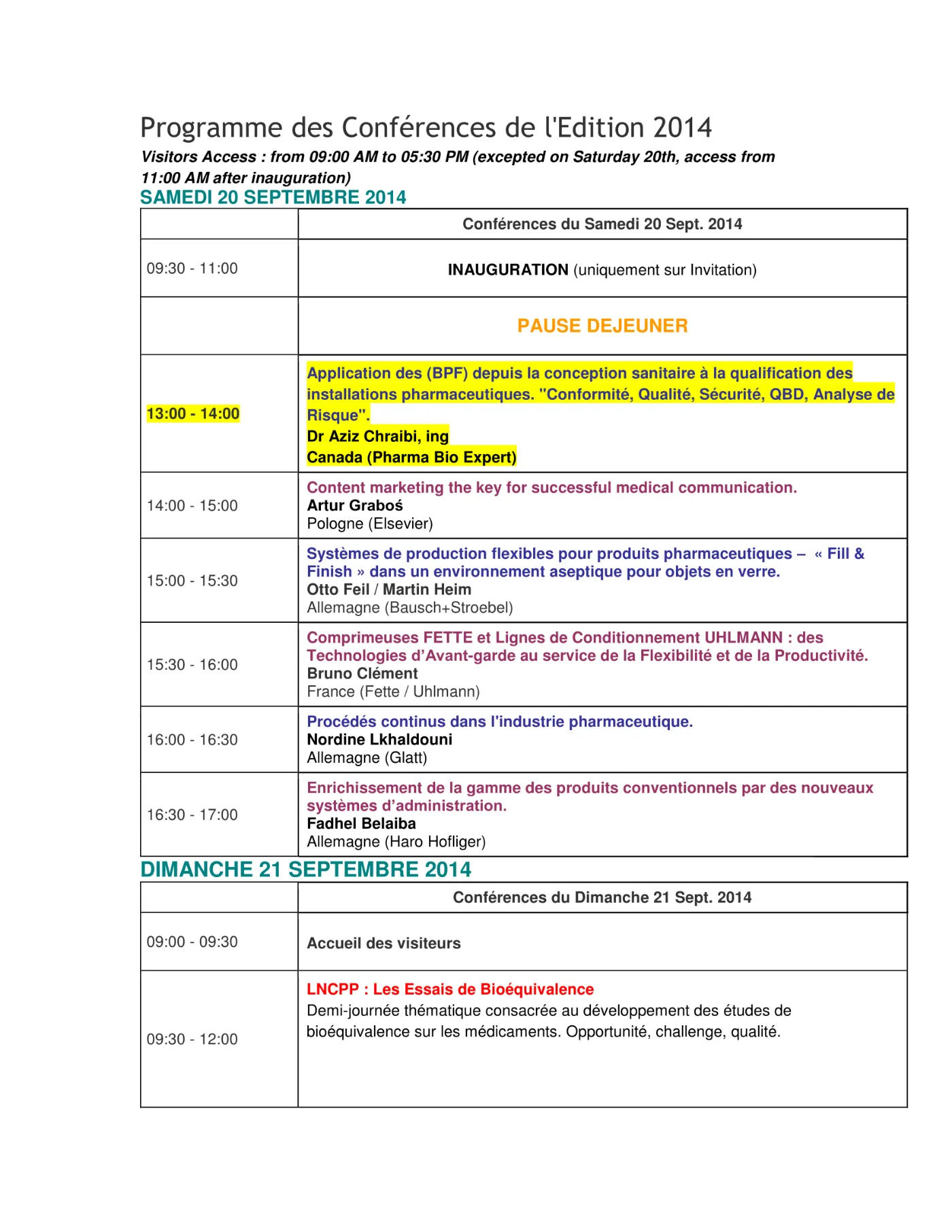 Programme des conférences de Maghreb Pharma 2014, page 1
