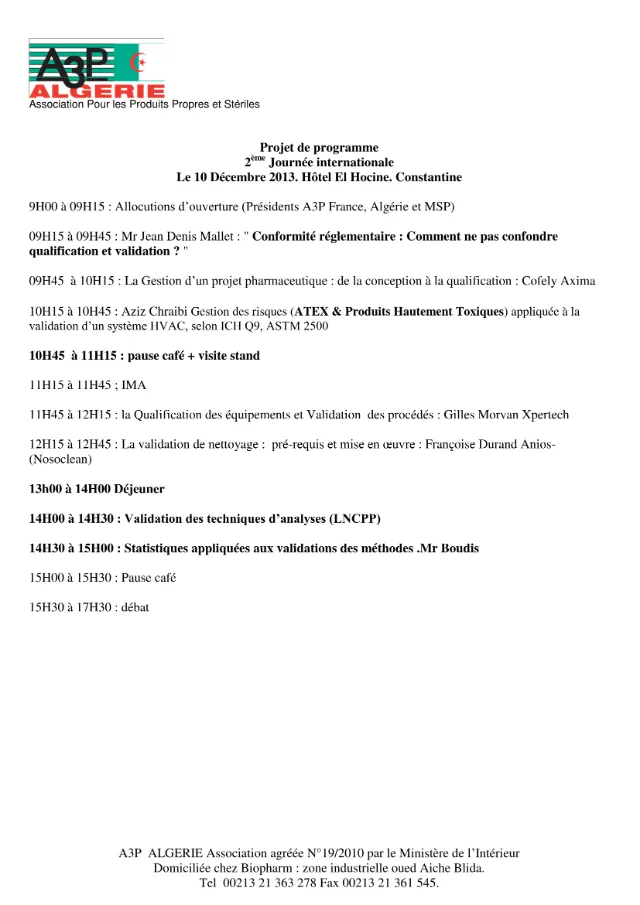 Programme de la journée A3P en Algérie, 10 décembre 2013