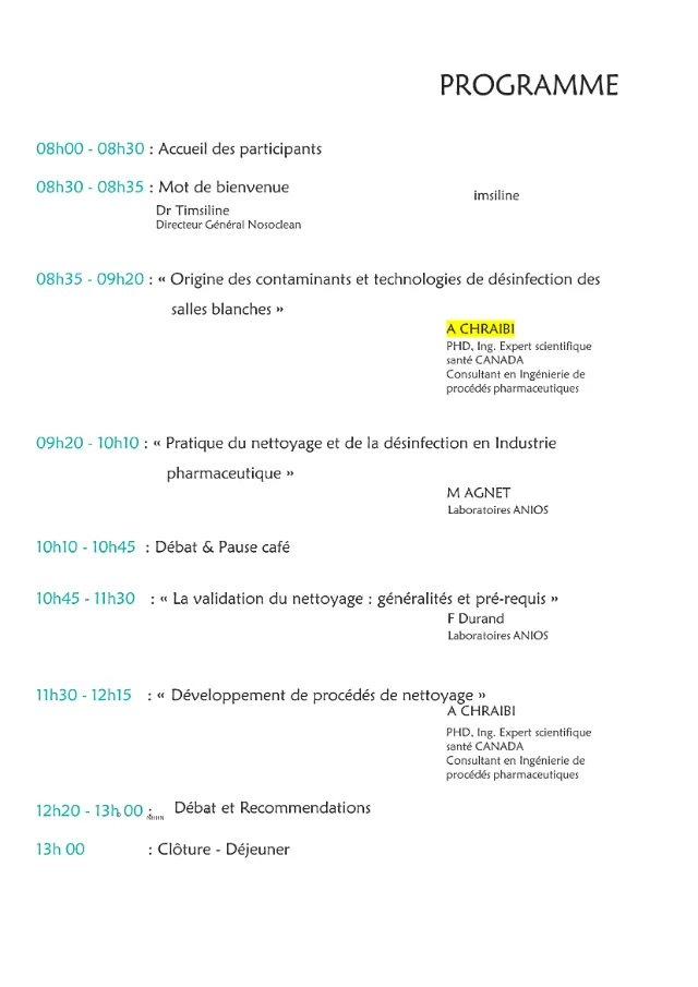 Programme de la journée NosClean Pharma, 12 novembre 2013