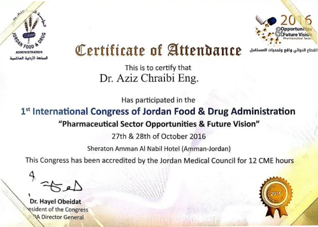 Certificat de participation au 1er Congrès international de la Jordan FDA