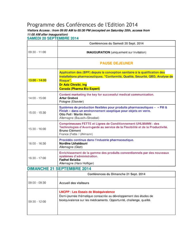 Programme des conférences de Maghreb Pharma 2014, page 1