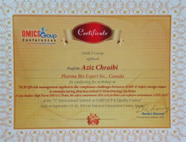 Certificat de l’atelier sur la gestion des risques ICH Q9