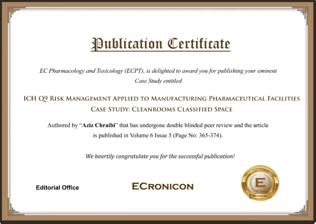 Certificate of publication awarded to Dr. Aziz Chraibi