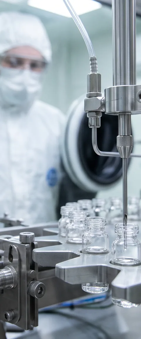 Aseptic vial filling in an isolator, a gowned operator behind the barrier