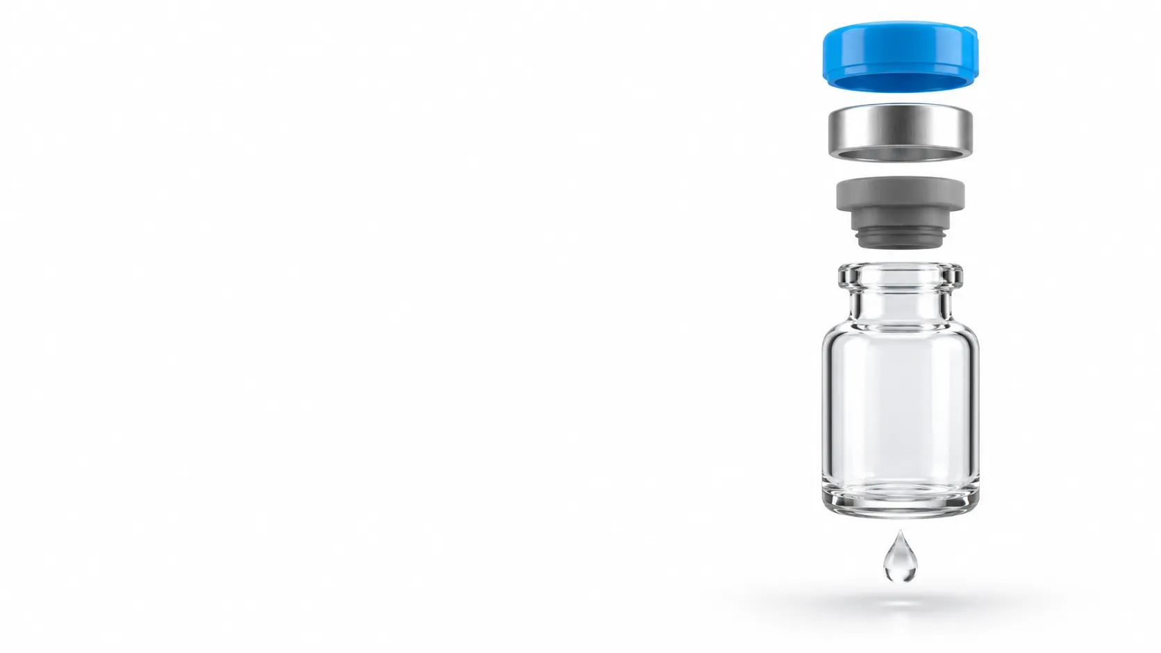 An injectable vial taken apart: the cap, the crimp seal, the stopper, the glass vial and a drop of product.