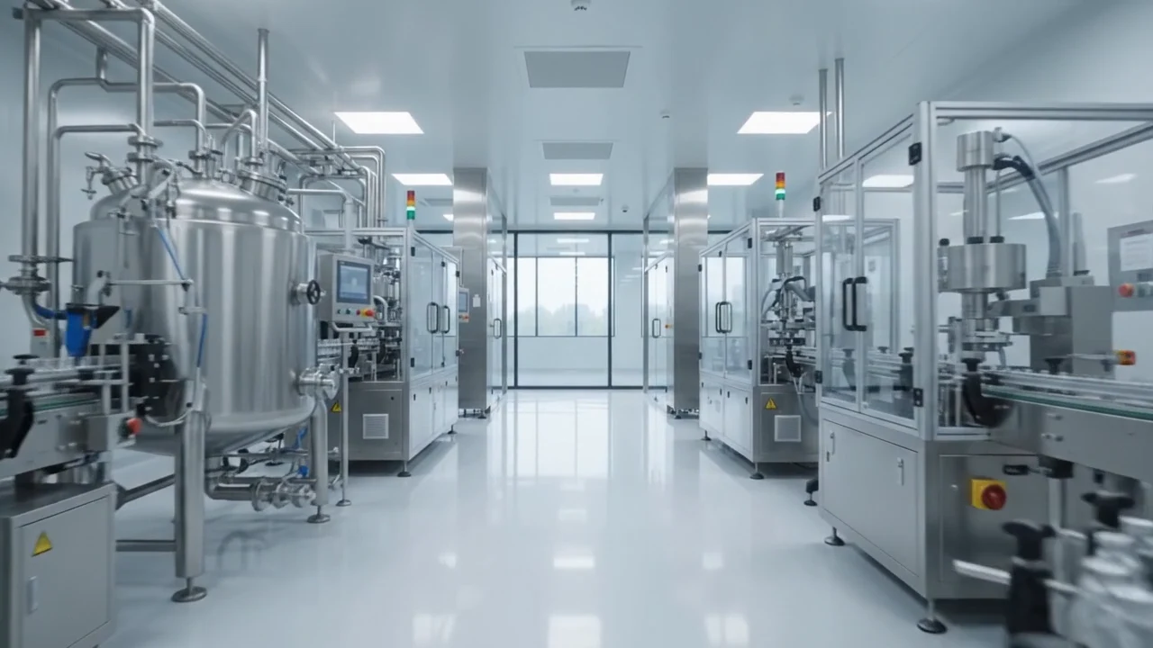 Une salle blanche de production pharmaceutique : cuves en inox, lignes de remplissage et machines sous isolateur
