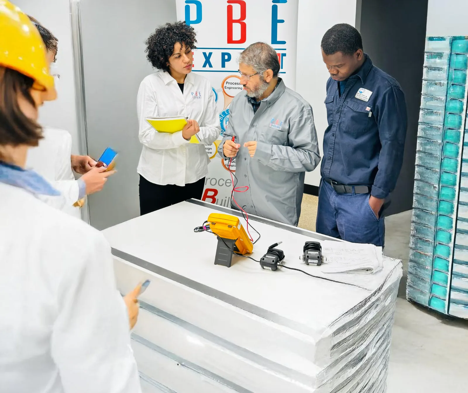 The PBE Expert team demonstrating a multimeter measurement in front of its banner