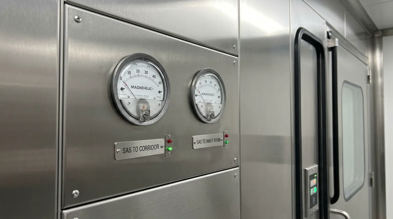 Two pressure gauges on the airlock wall: airlock to corridor, and airlock to room