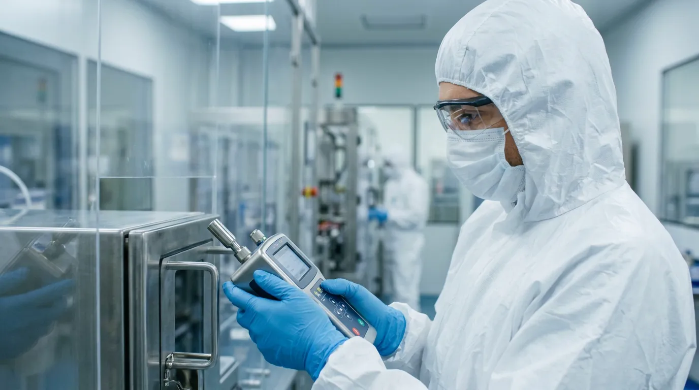 An operator in full cleanroom gowning, holding a measuring instrument.
