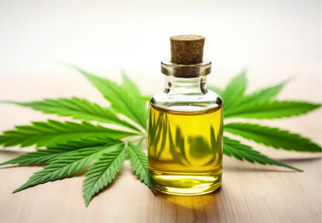 Flacon d’huile de cannabis et feuilles