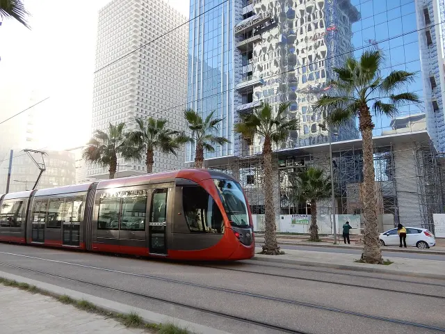 The Casablanca tramway in front of the new downtown towers