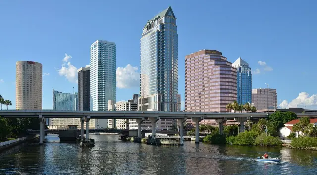 Downtown Tampa’s towers, palm trees and the Hillsborough River