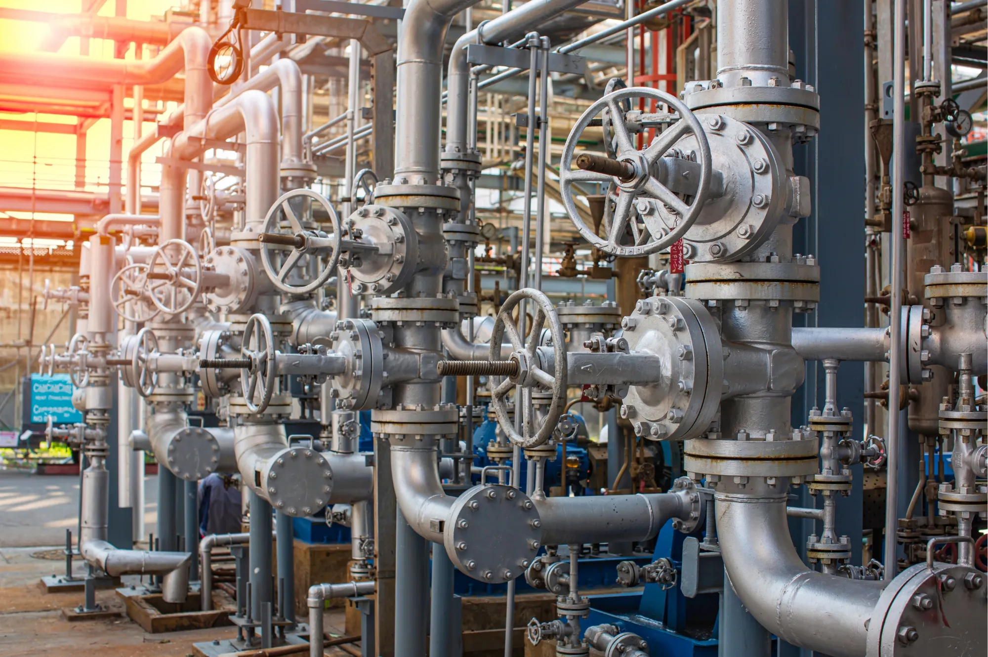 Stainless steel piping and valves in a process facility