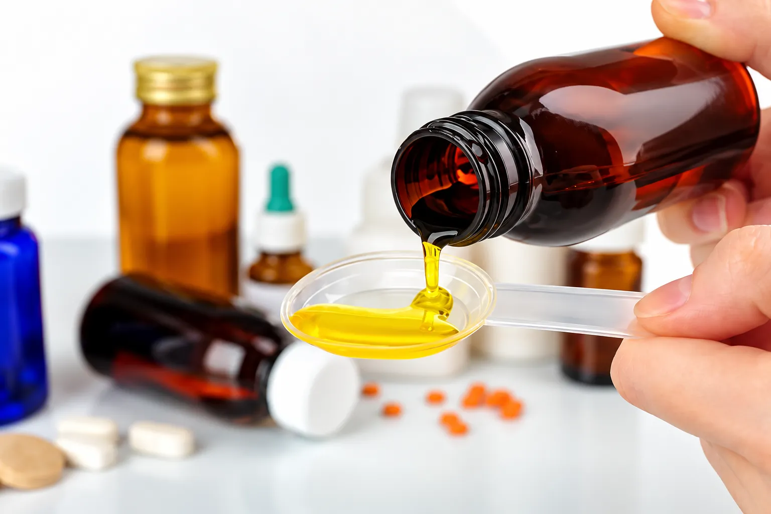 Sirop versé dans une cuillère doseuse : une forme liquide pharmaceutique
